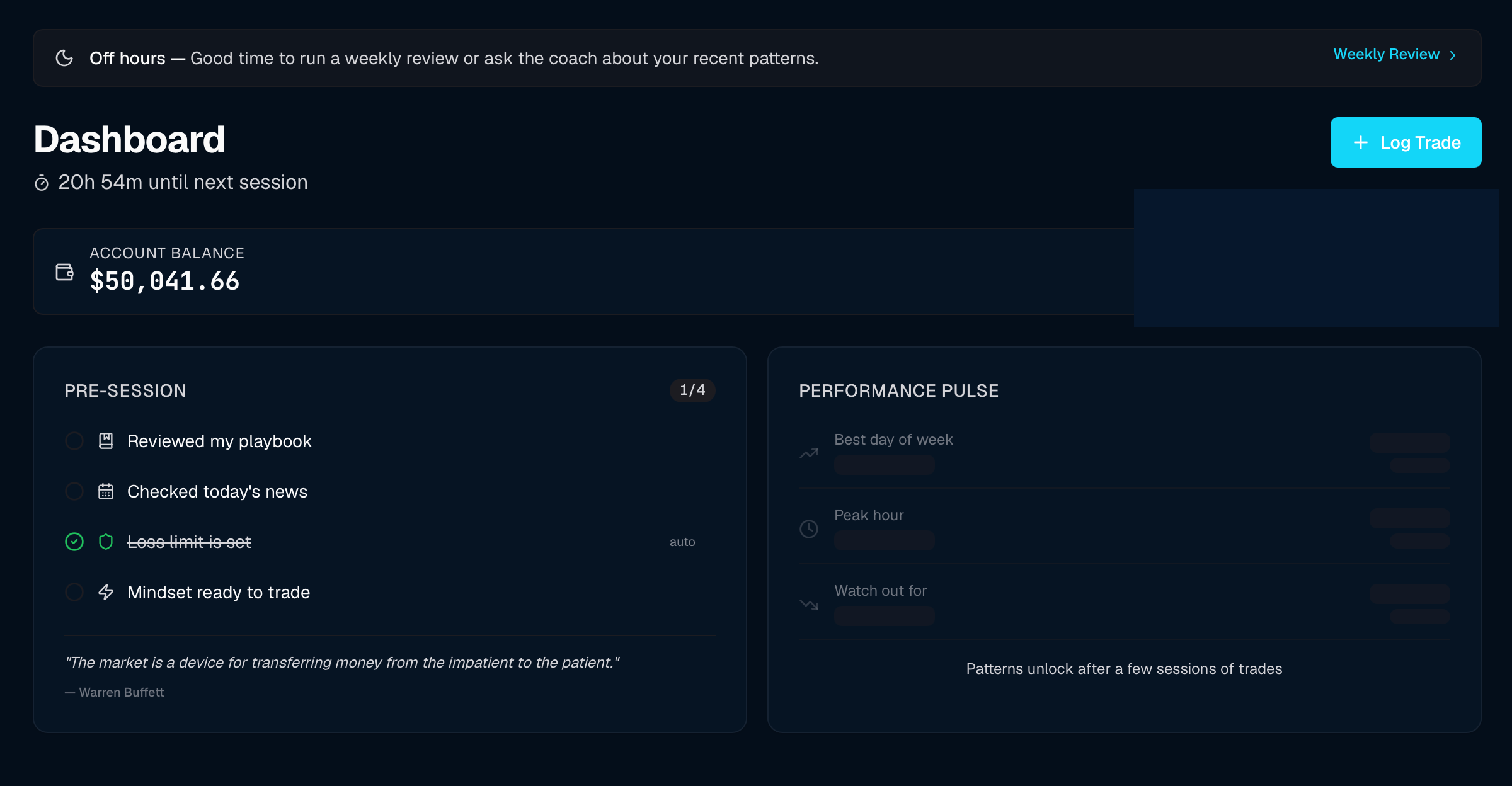 TradeGuard dashboard showing the account balance, a pre-session checklist and the performance pulse